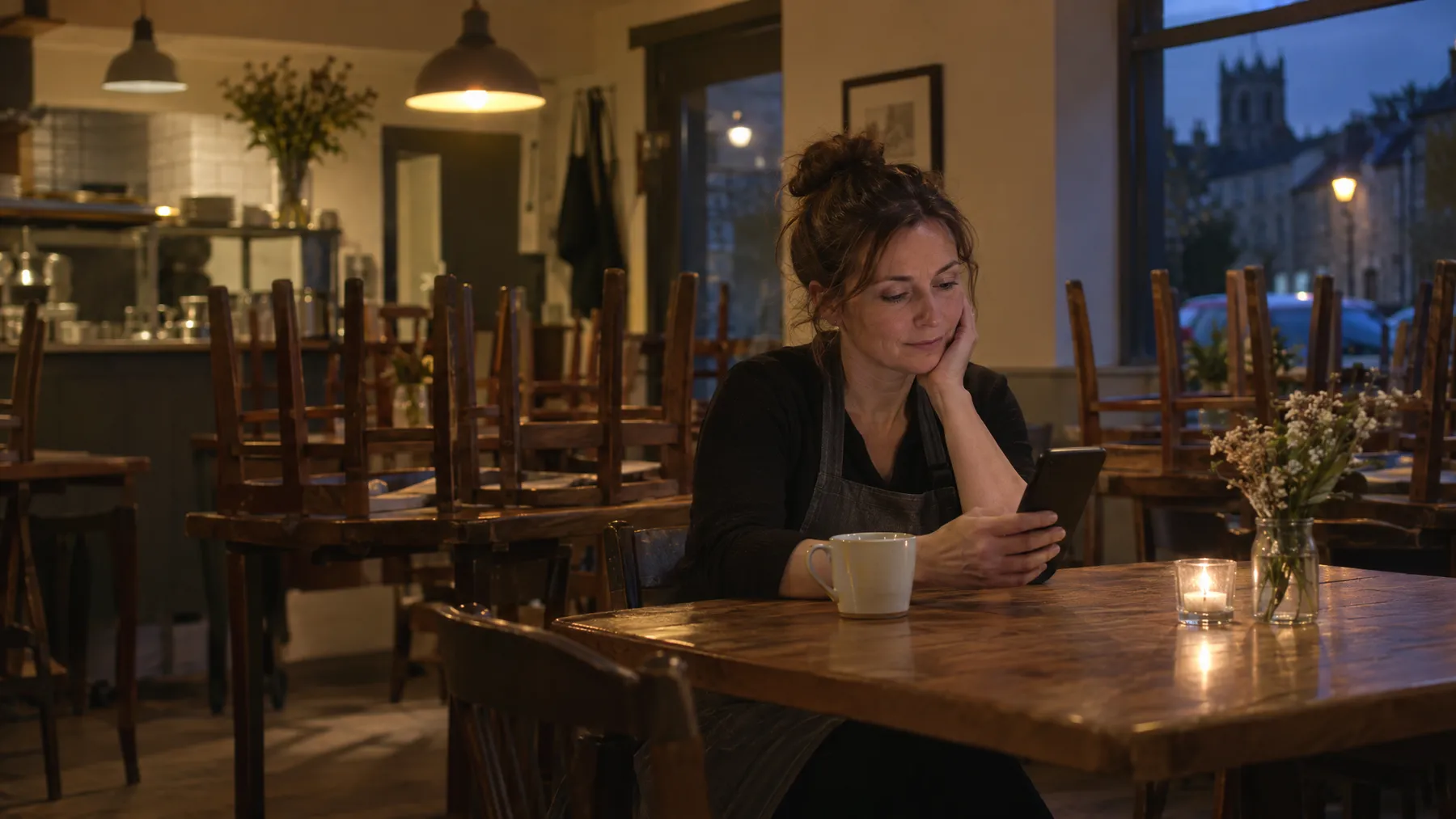 A restaurant owner reads her phone at a cleared table after closing.