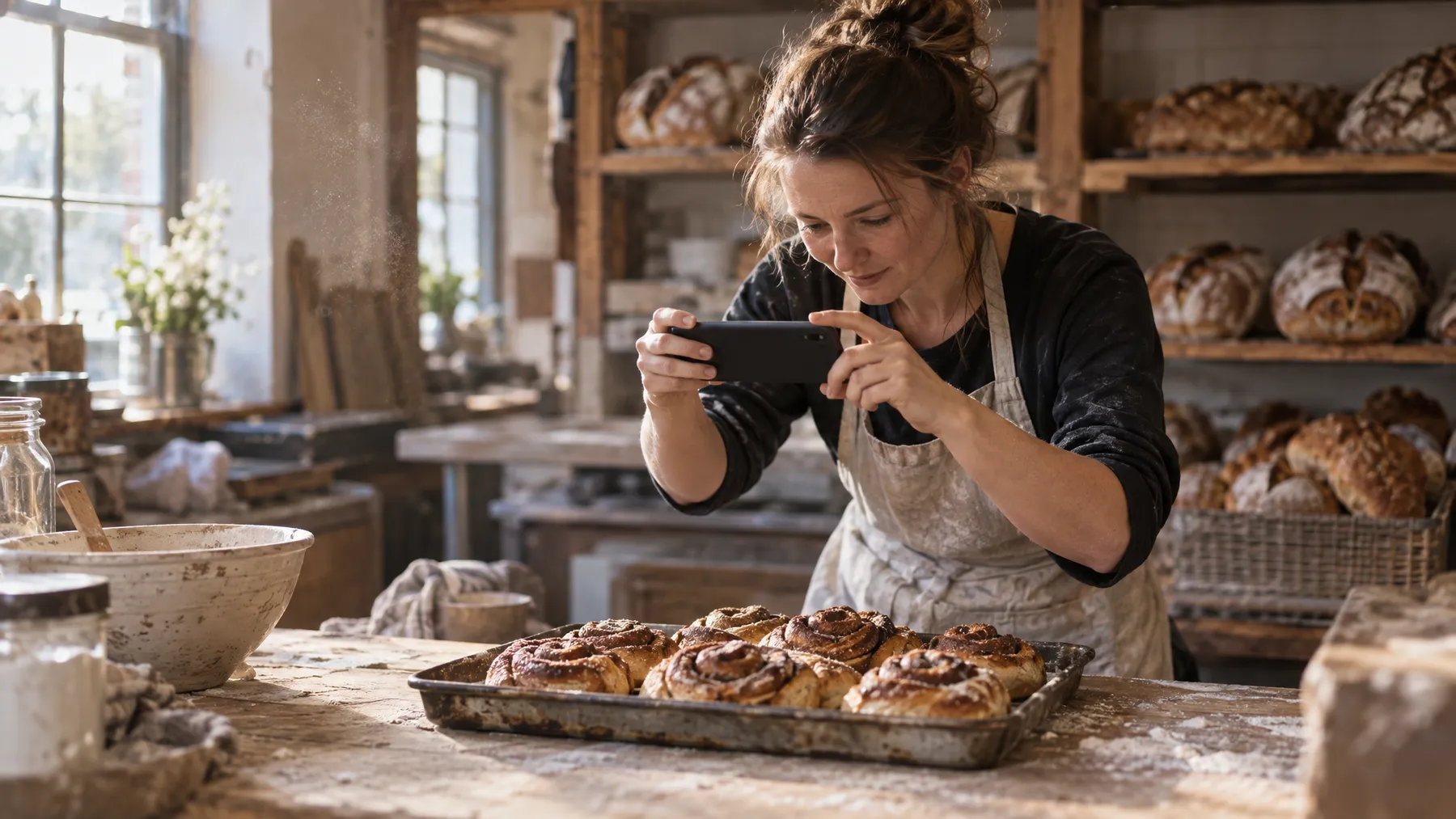 A baker photographing a tray of freshly baked cinnamon buns with her phone