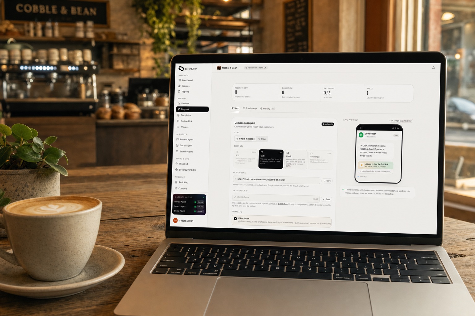 The review-request sender, showing messages in your own words and the follow-up schedule