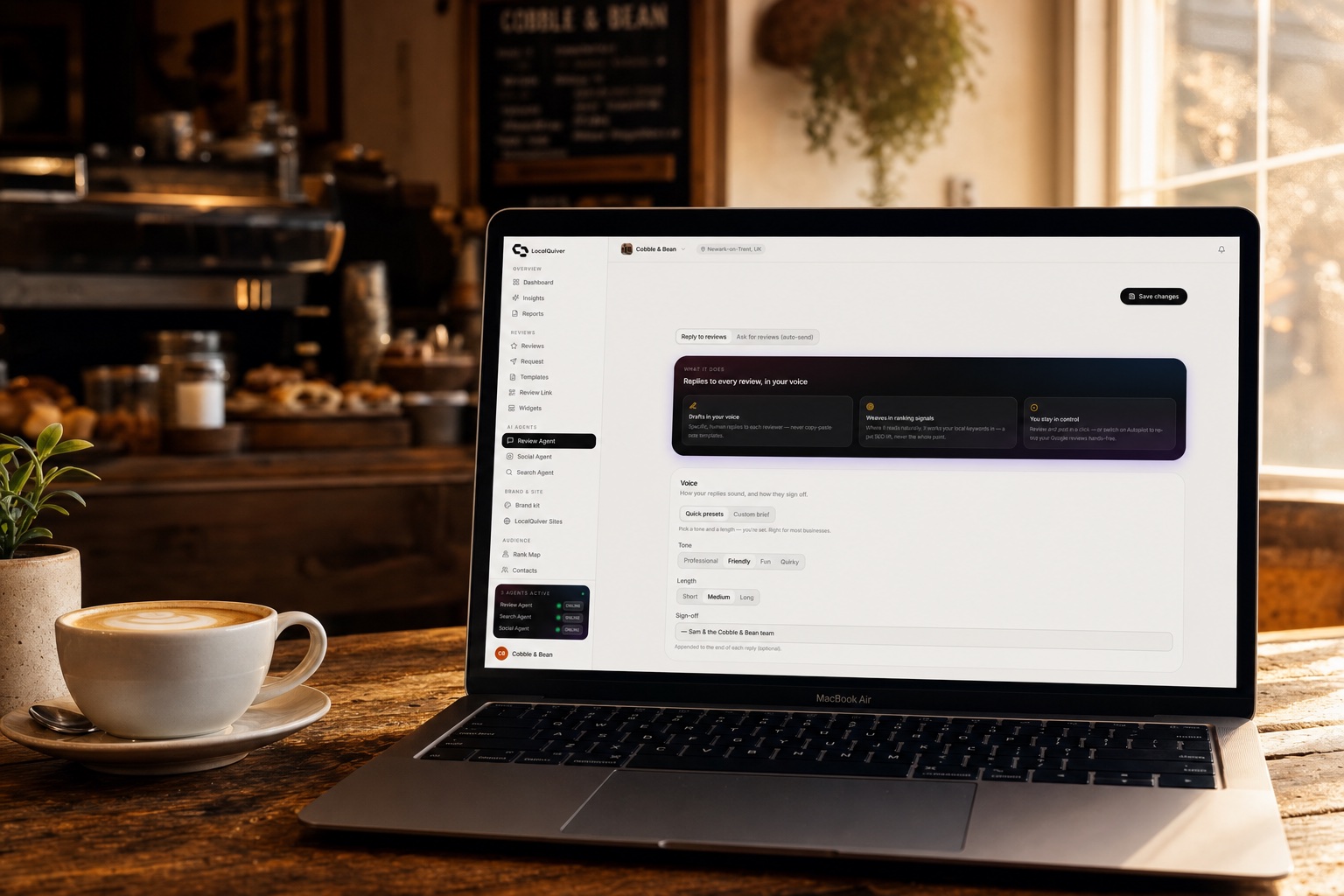 The reply screen, with a fresh review and its drafted reply waiting to be approved